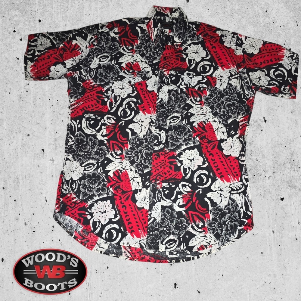 VTG Wood's Boots Western Shirt Mens Floral Abstract Print Red Black White 17 XL‎